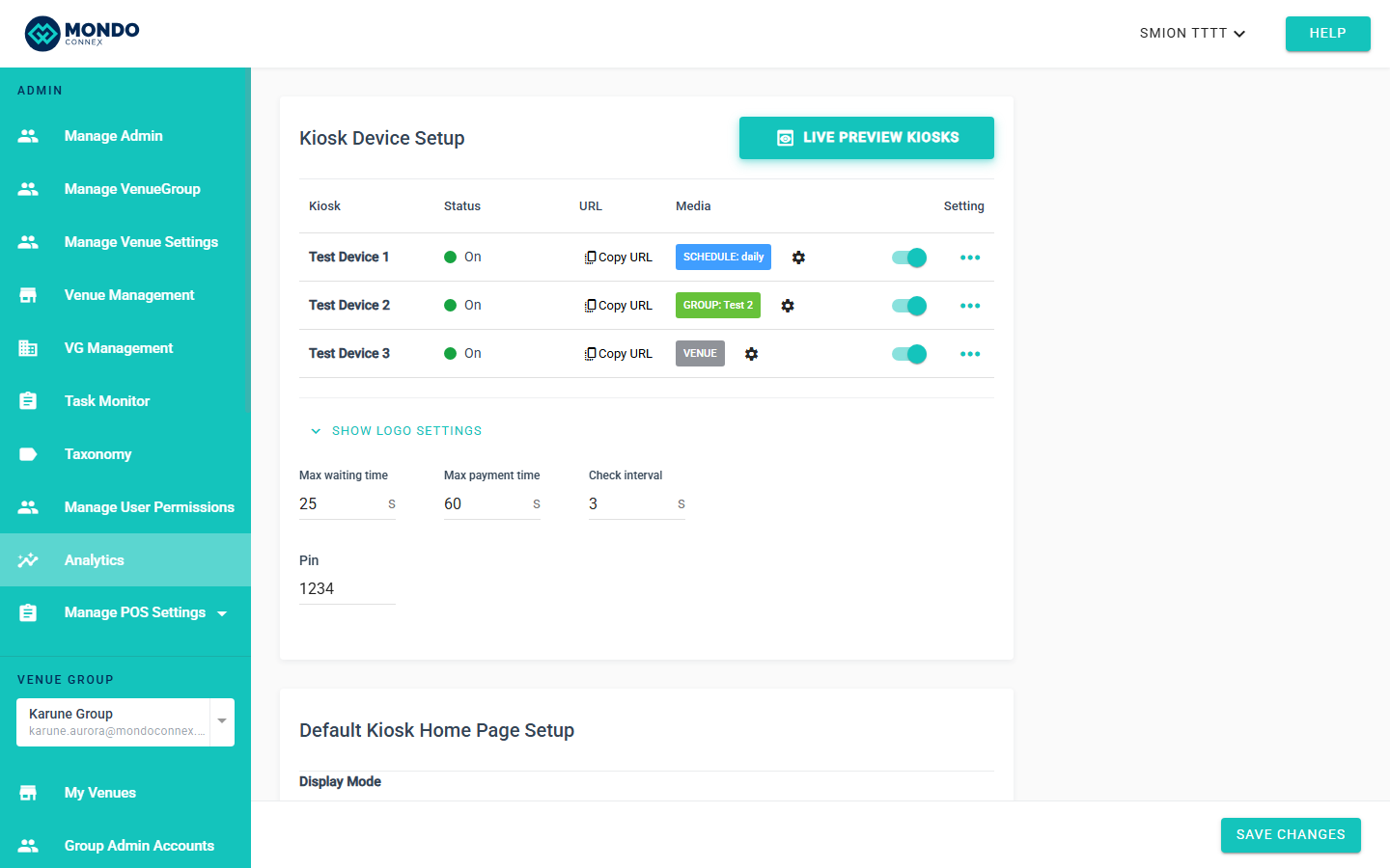 Kiosk Device Setup with SCHEDULE: daily blue badge on Test Device 1