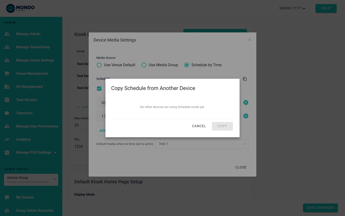 Copy Schedule from Another Device dialog — when no other devices are on Schedule mode, the dialog shows "No other devices are using Schedule mode yet."