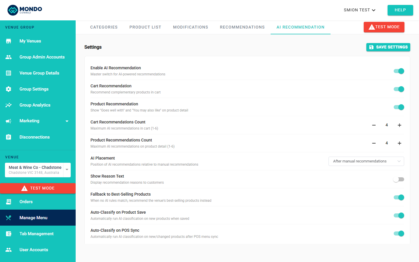 Venue Admin — AI Recommendation top