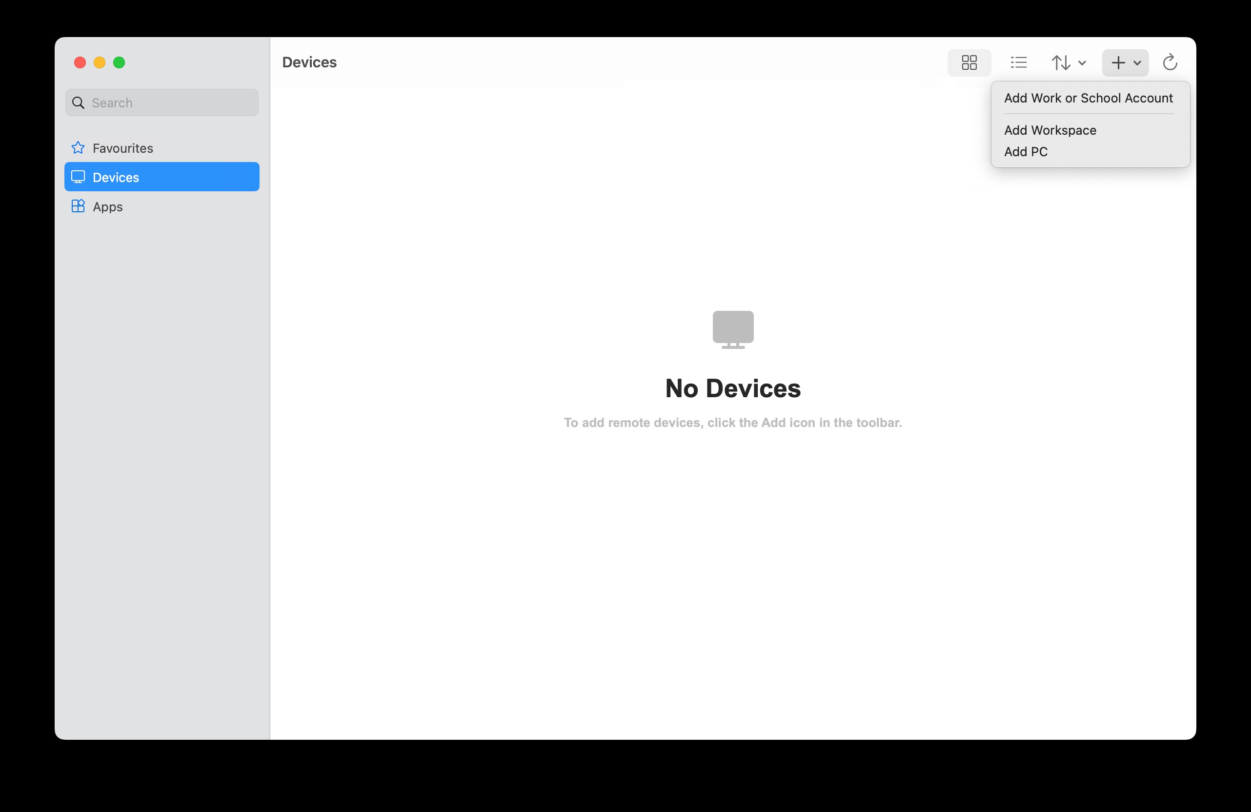 A screenshot showing the empty devices tab for Windows App on macOS with Azure Virtual Desktop.