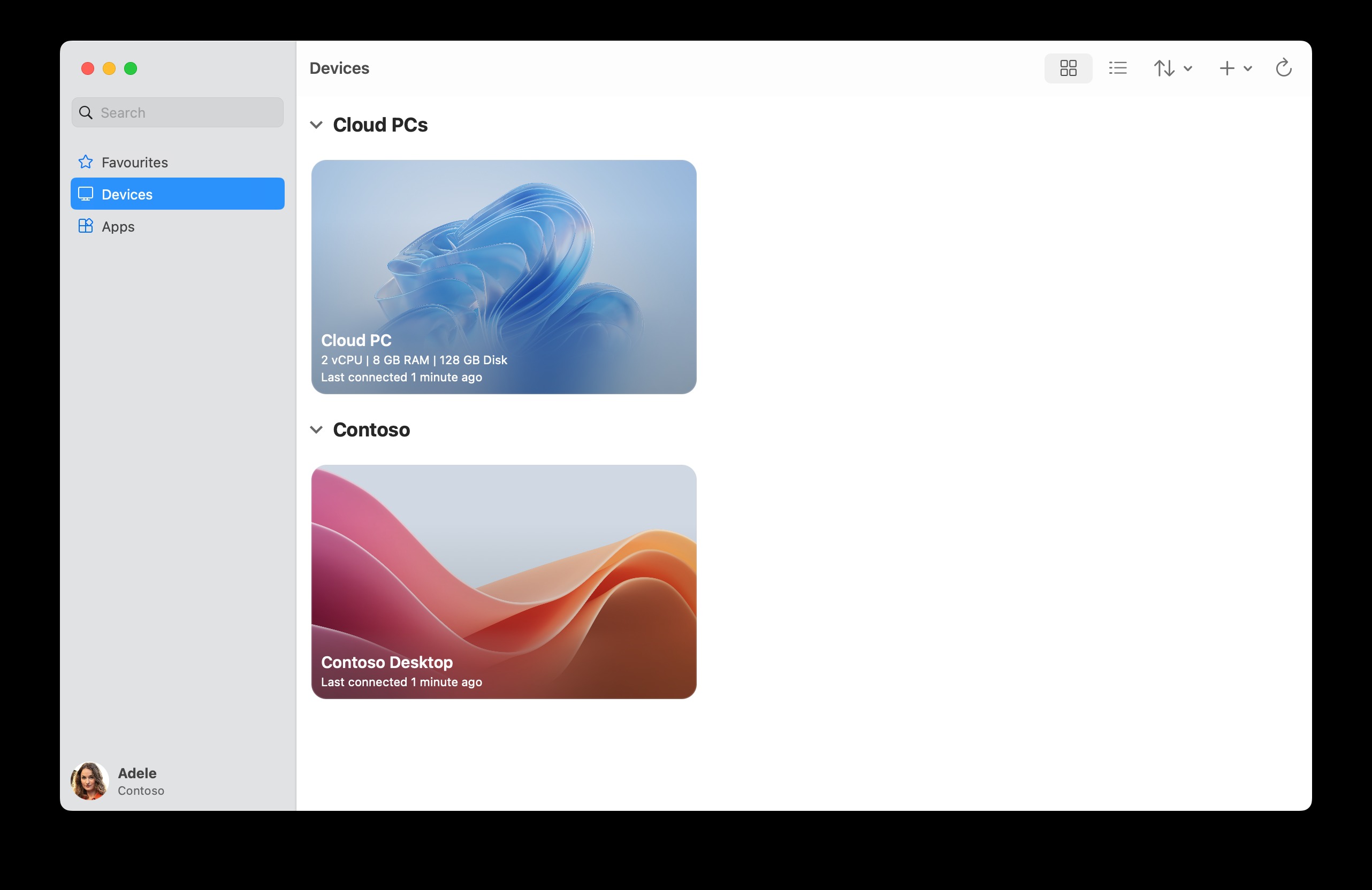 A screenshot showing the populated devices tab for Windows App on macOS with Azure Virtual Desktop.