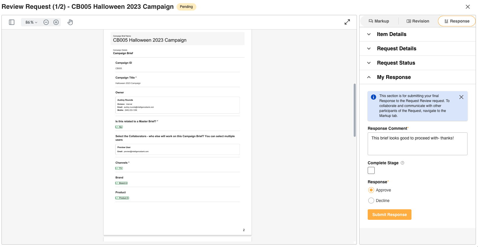 My Response section with Approve and Decline options