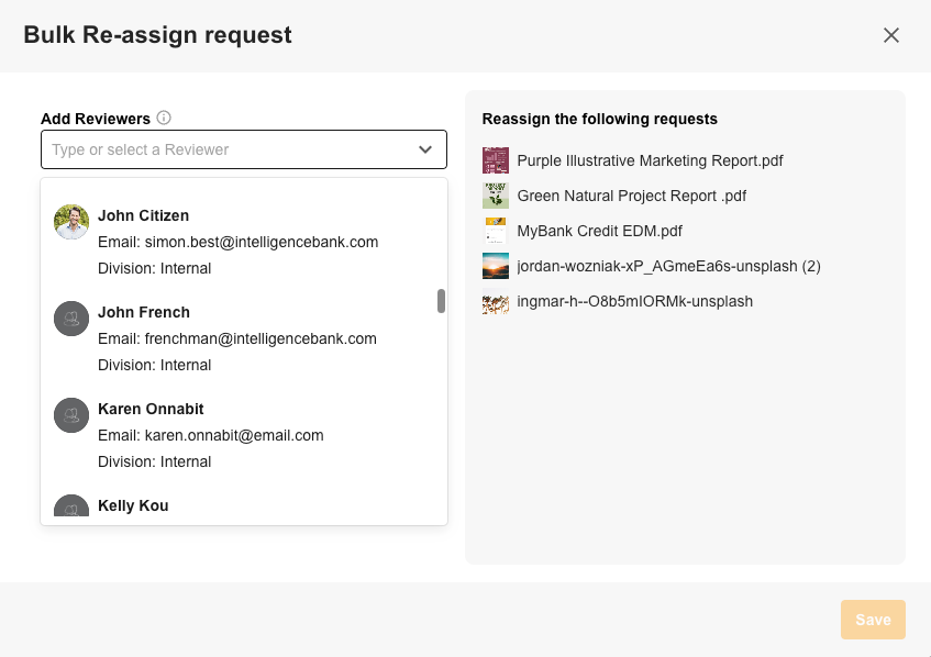 Bulk Re-assign popup with Add Reviewers field