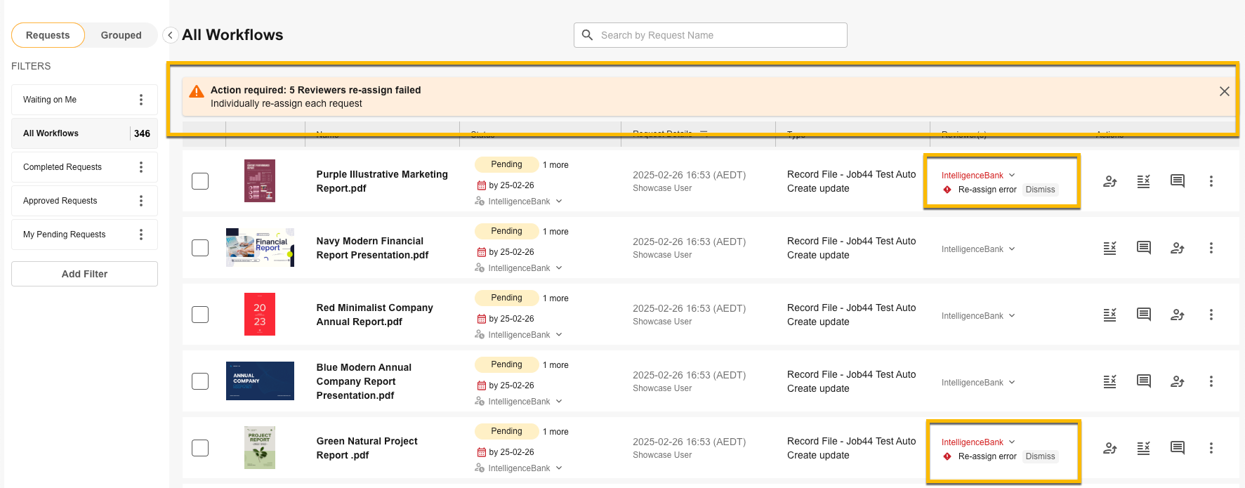 Re-assign error alert displayed on an individual request row