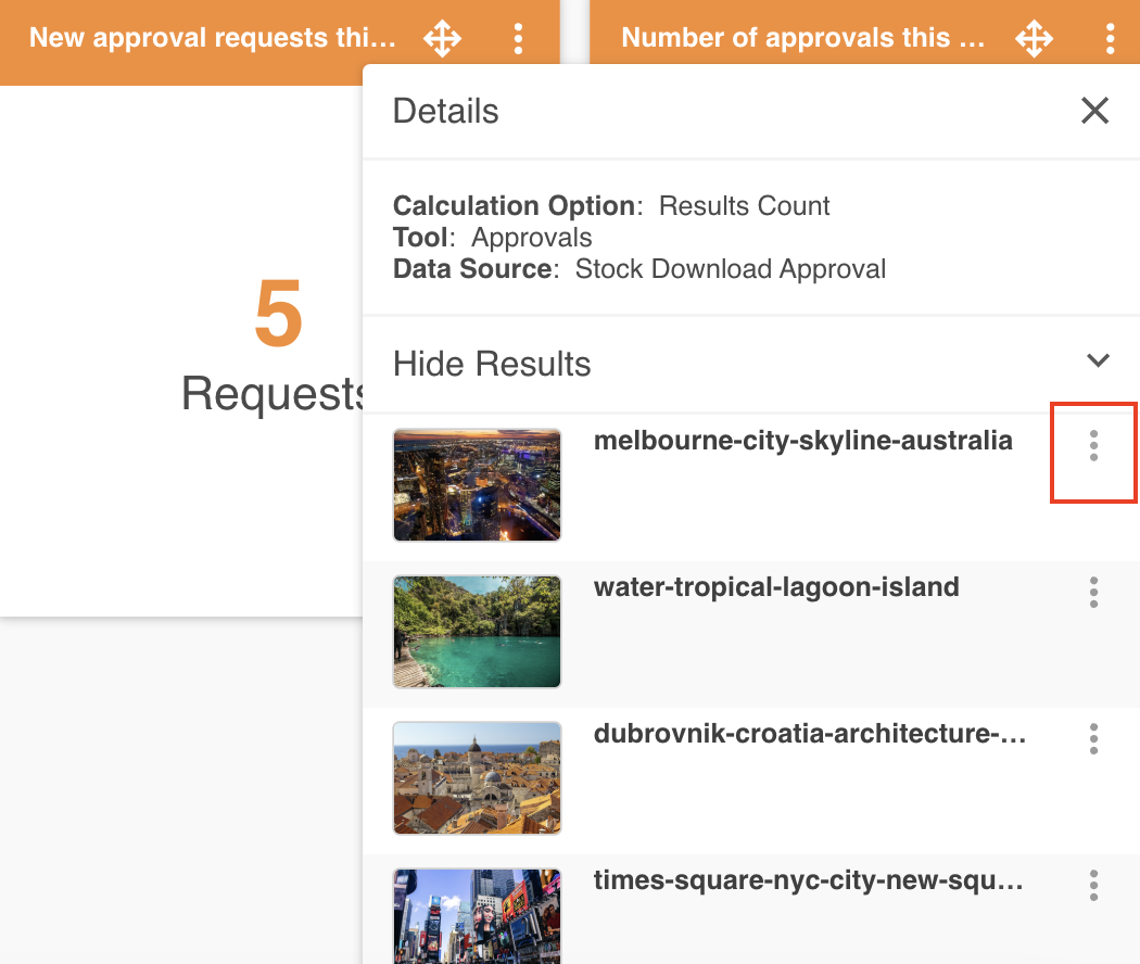 Calculation widget results list with three-dot action menu