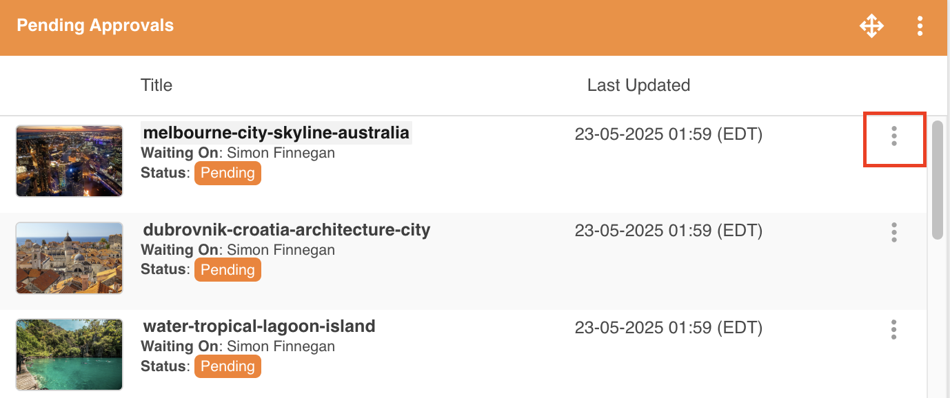 Item list widget with three-dot action menu highlighted