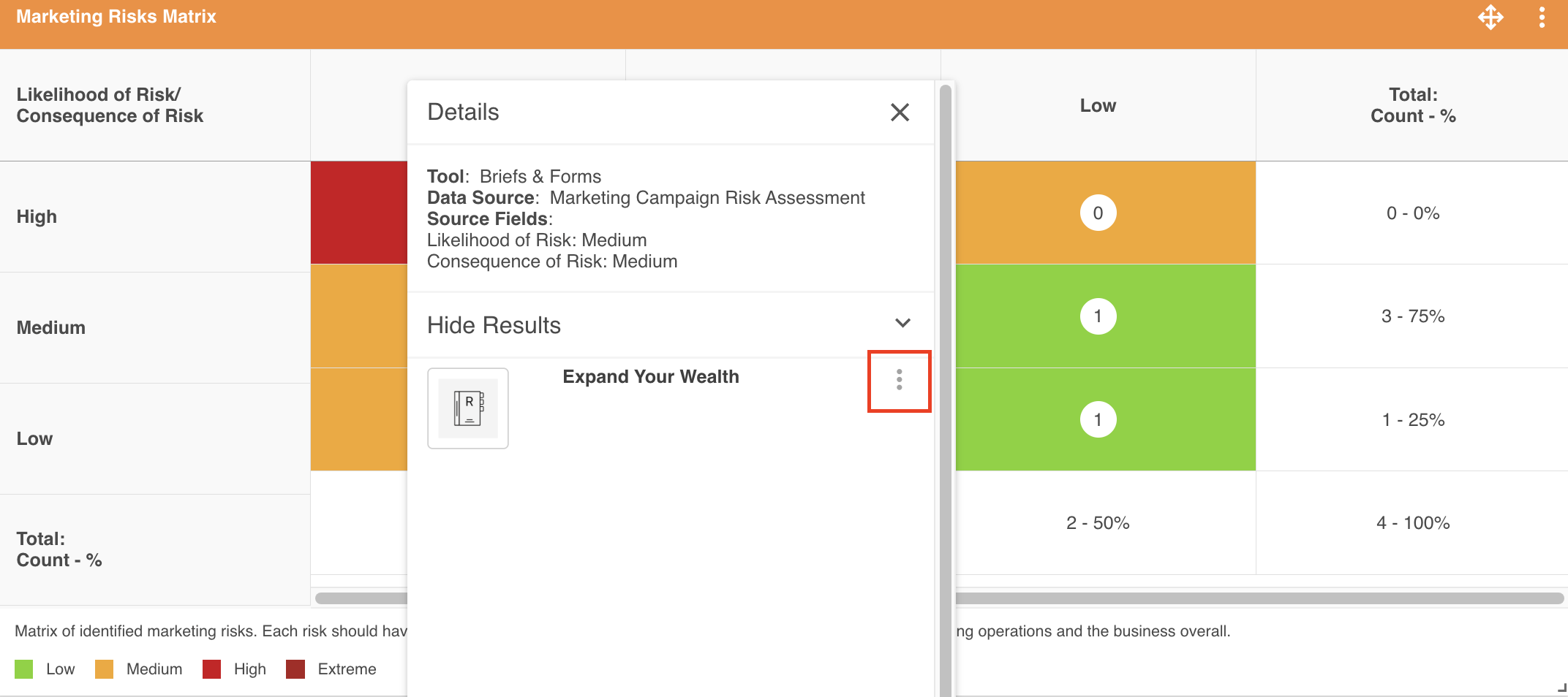 Grid matrix results list with three-dot action menu