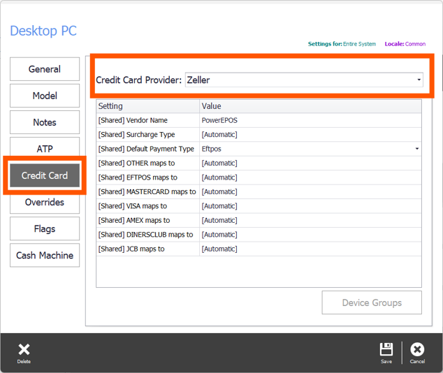 Setting the Credit Card Provider to Zeller