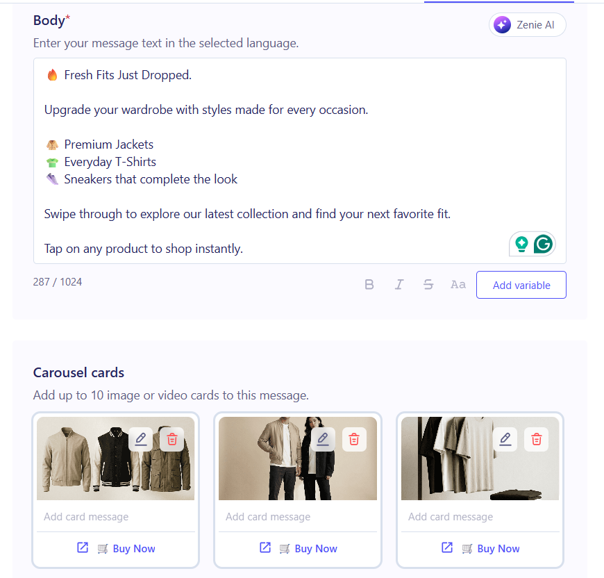 Adding a card to a WhatsApp Carousel