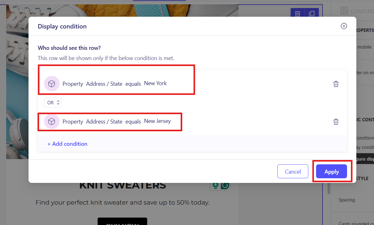 Setting the attribute and value for a Display Condition in Email Campaigns