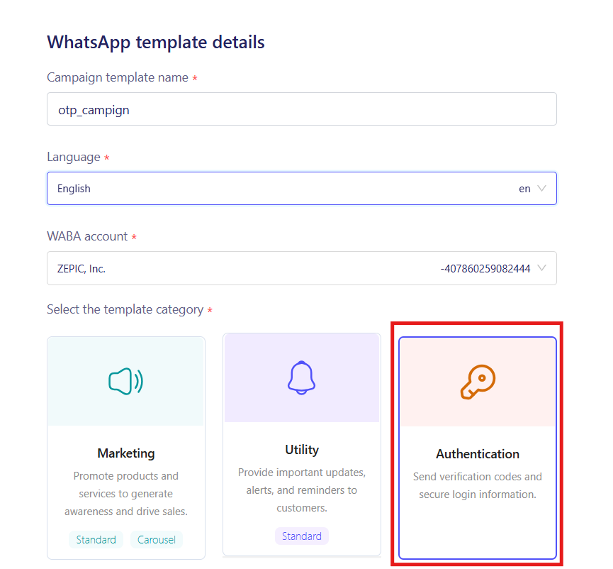 Whatsapp OTP authentication message creation