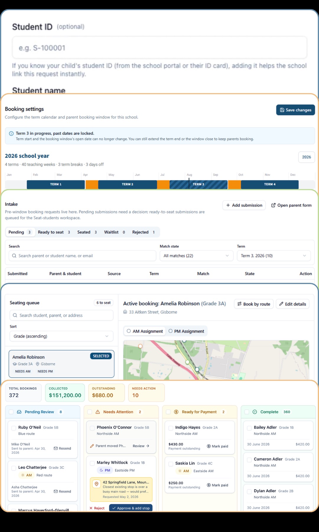 The RollCall Intake Workflow: applications moving from pending review through to payment and completion