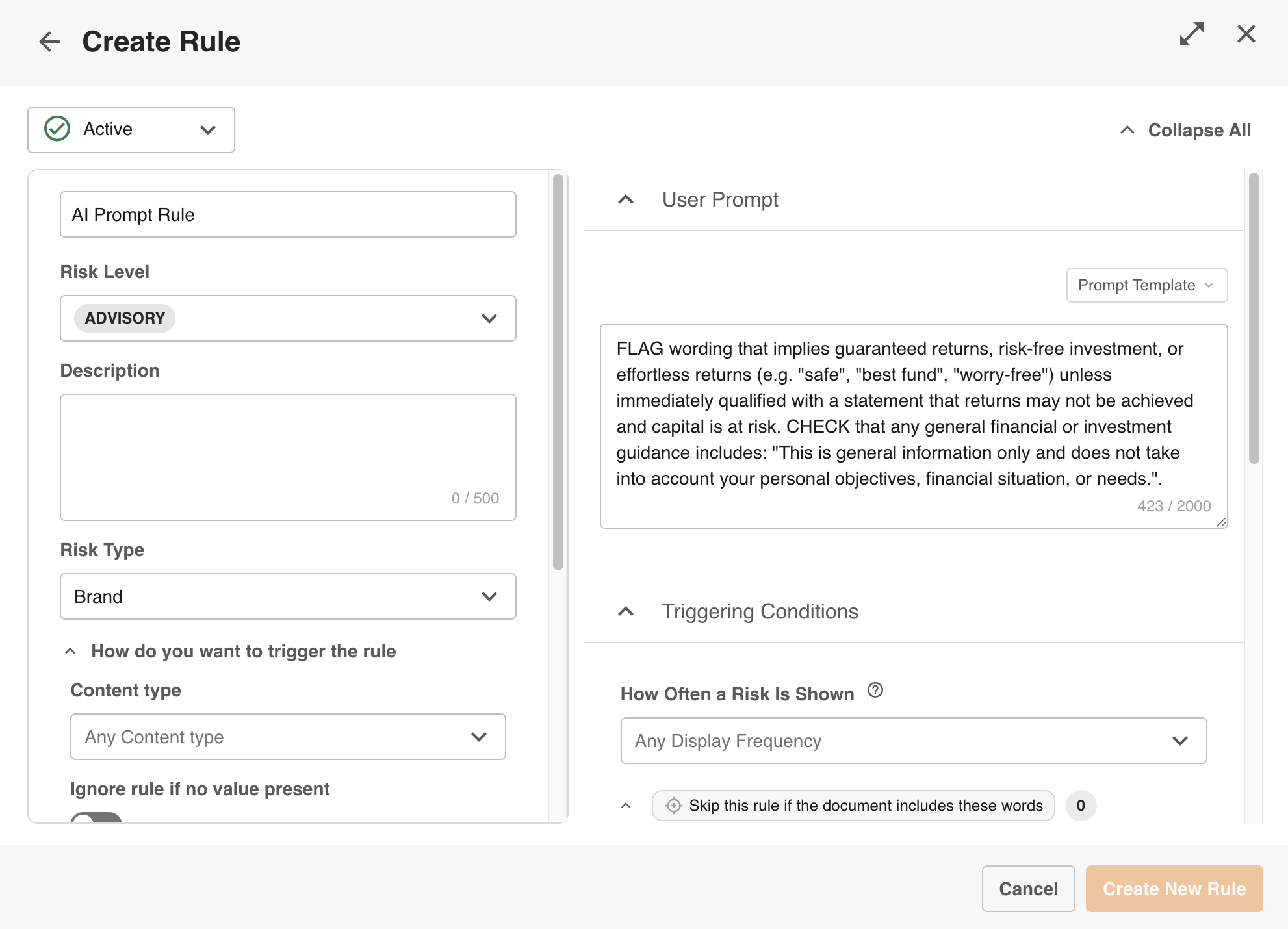 [Screenshot: New Rule form showing Name, Description, Risk Rating and Prompt fields]