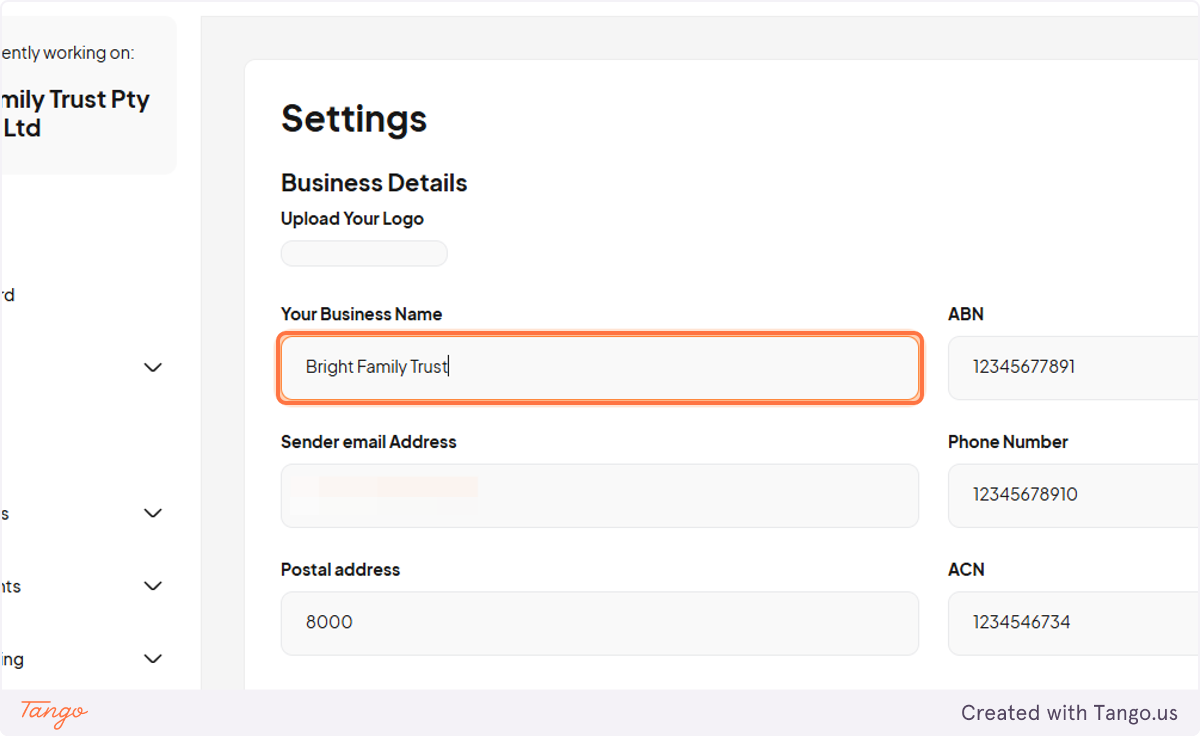Add your business name that you would like to appear on your documents and contracts.