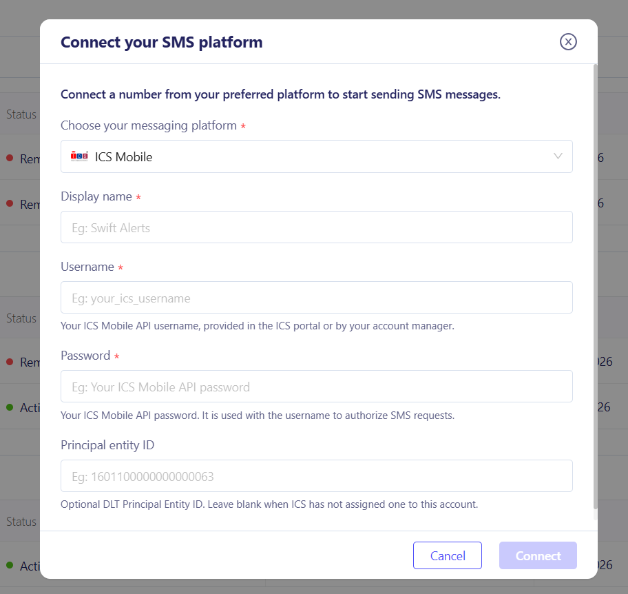 Fill up the details of your SMS number - Twilio or ICS Mobile