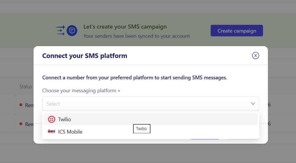 Choose ICS Mobile or Twilio as your SMS provider in ZEPIC