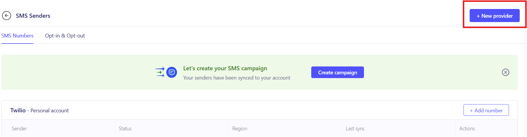 Select Add New Provider to connect an SMS provider in ZEPIC