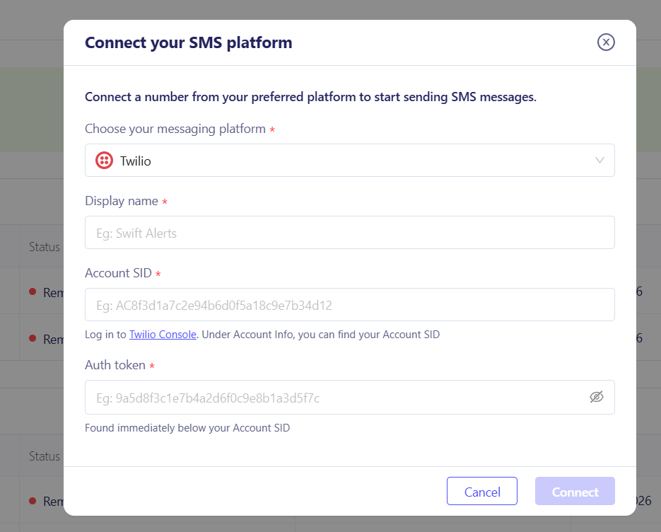 Set up or connect your provider account to send SMS from ZEPIC