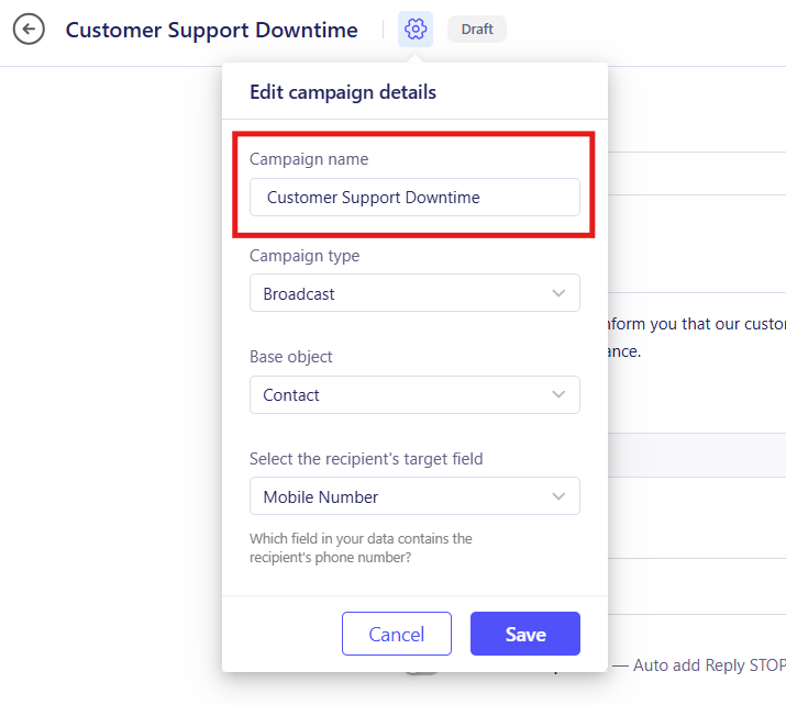 Name and customize your SMS broadcast campaign in ZEPIC