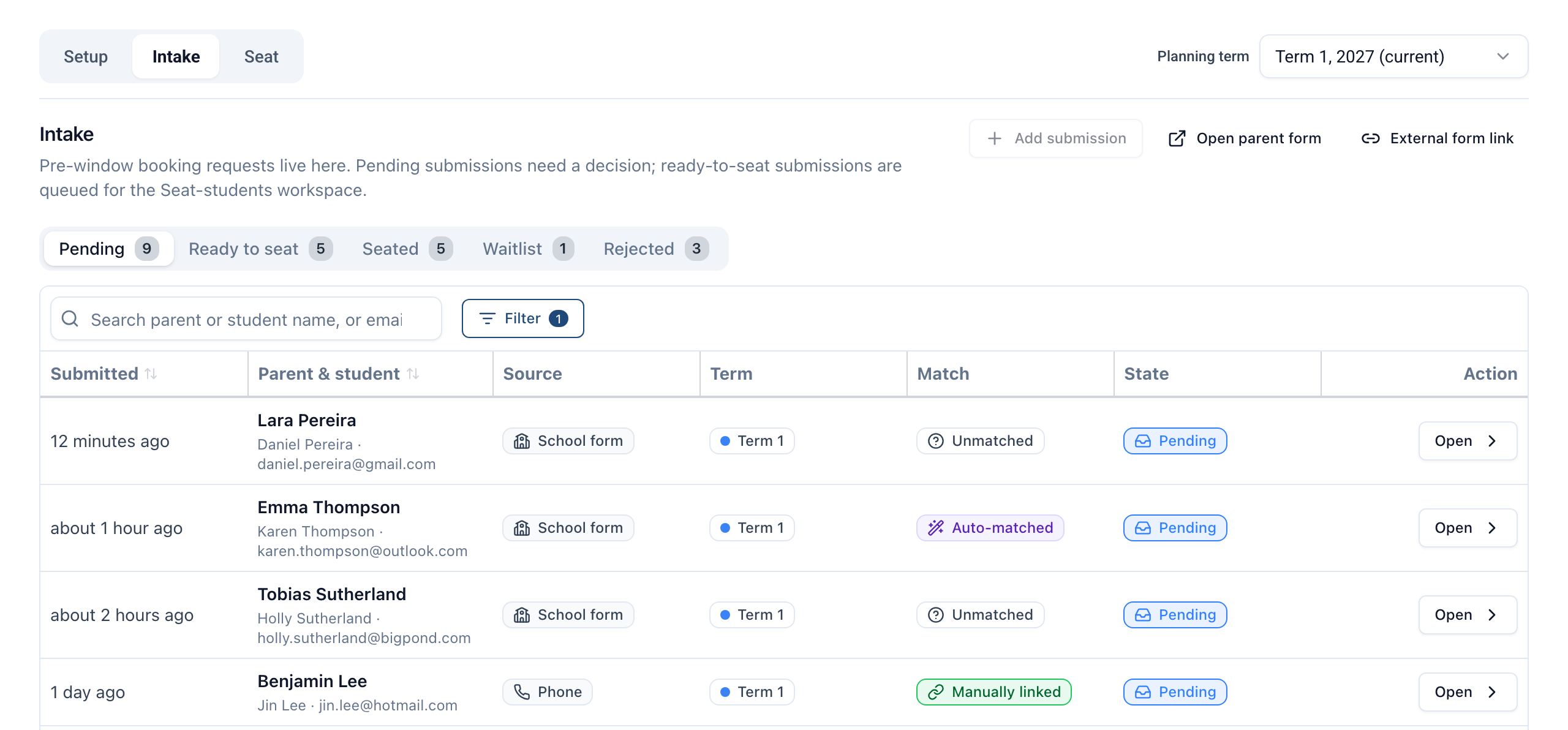 The Intake tab in RollCall, showing Pending, Ready to seat, Seated, Waitlist and Rejected queues