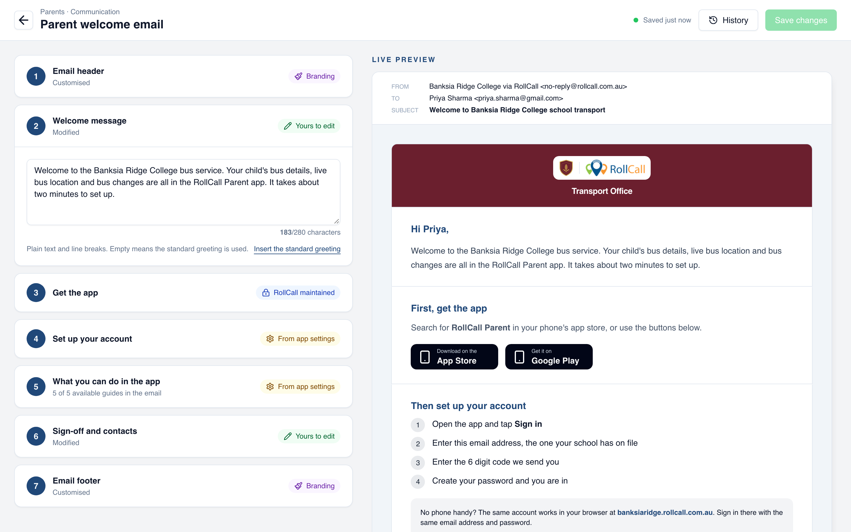 The welcome email builder, with the editable sections beside a live preview of the email