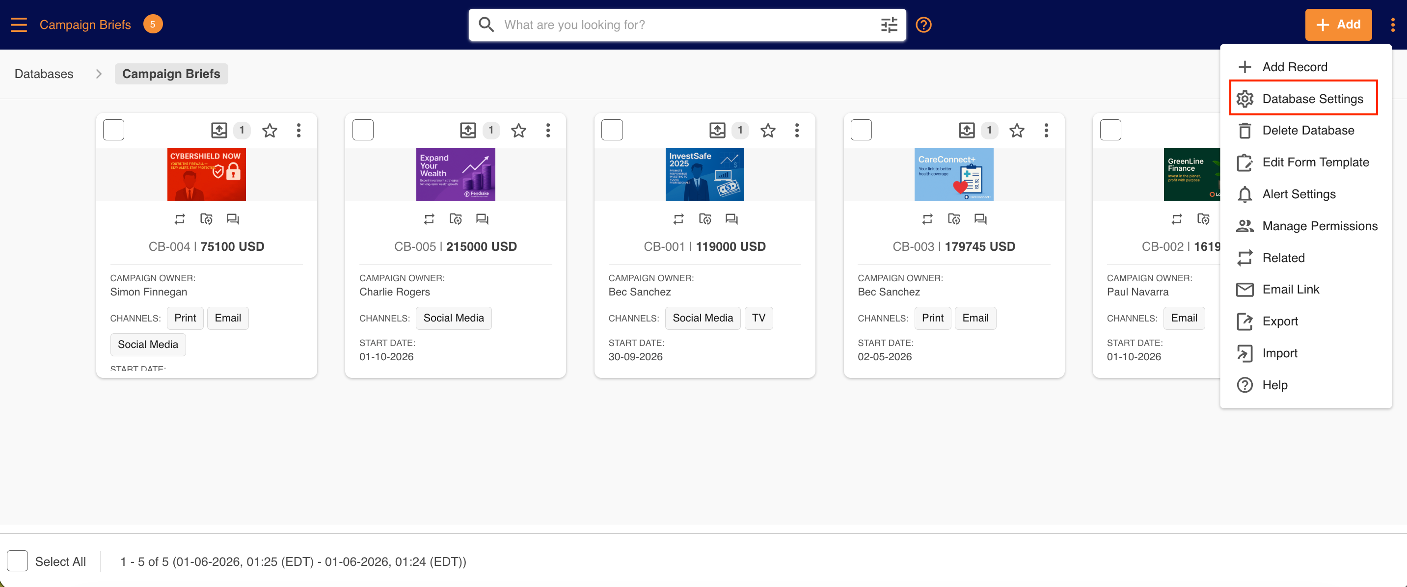 Database Settings option in the database menu