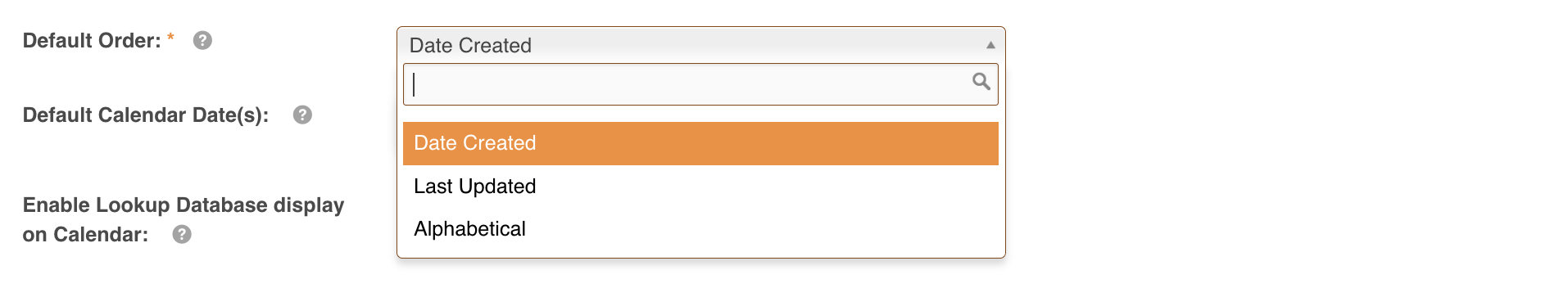 Default Order dropdown in Database Settings