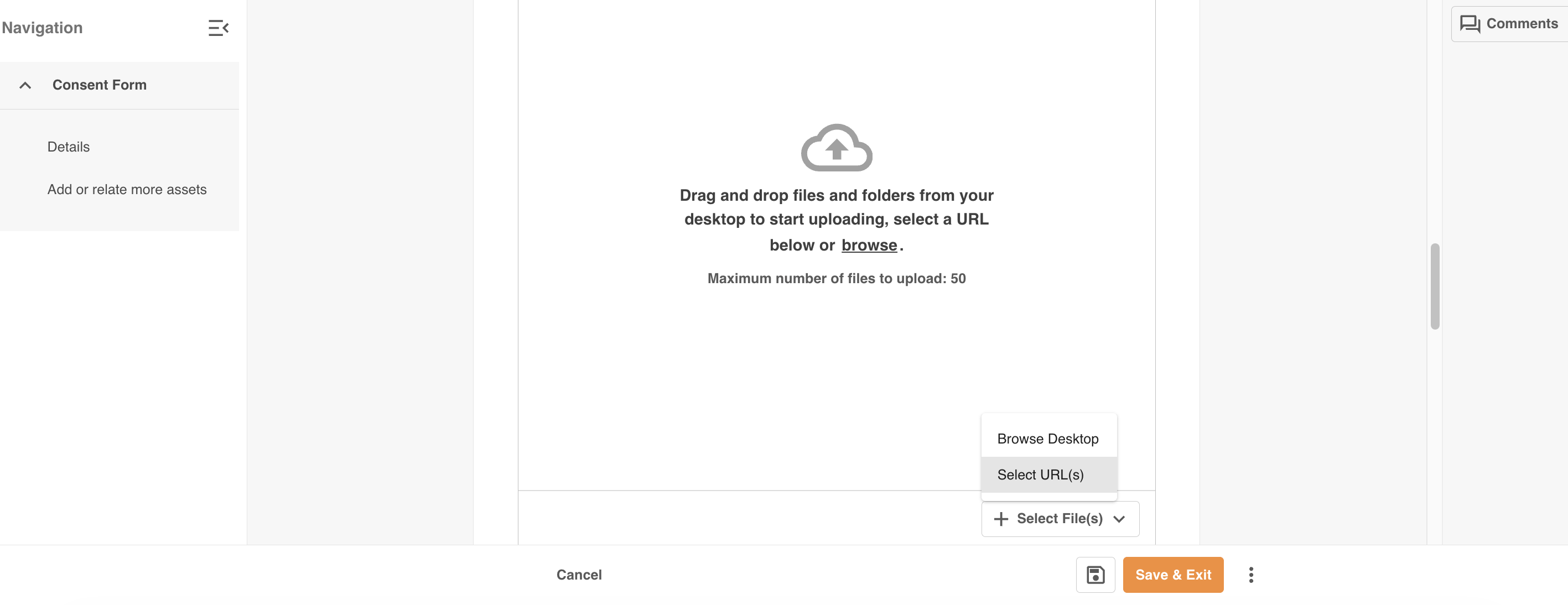 Select Files menu showing the Select URLs option