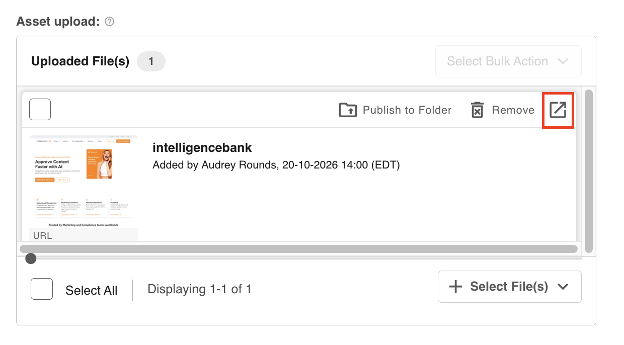 Go To Link action icon on a saved URL