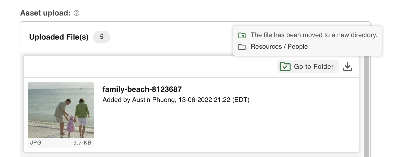Current folder location shown on a published file