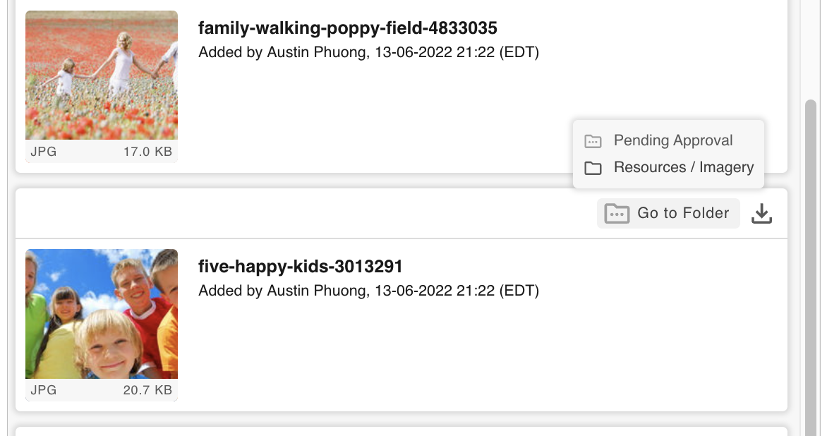 Publish approval status shown on a published file