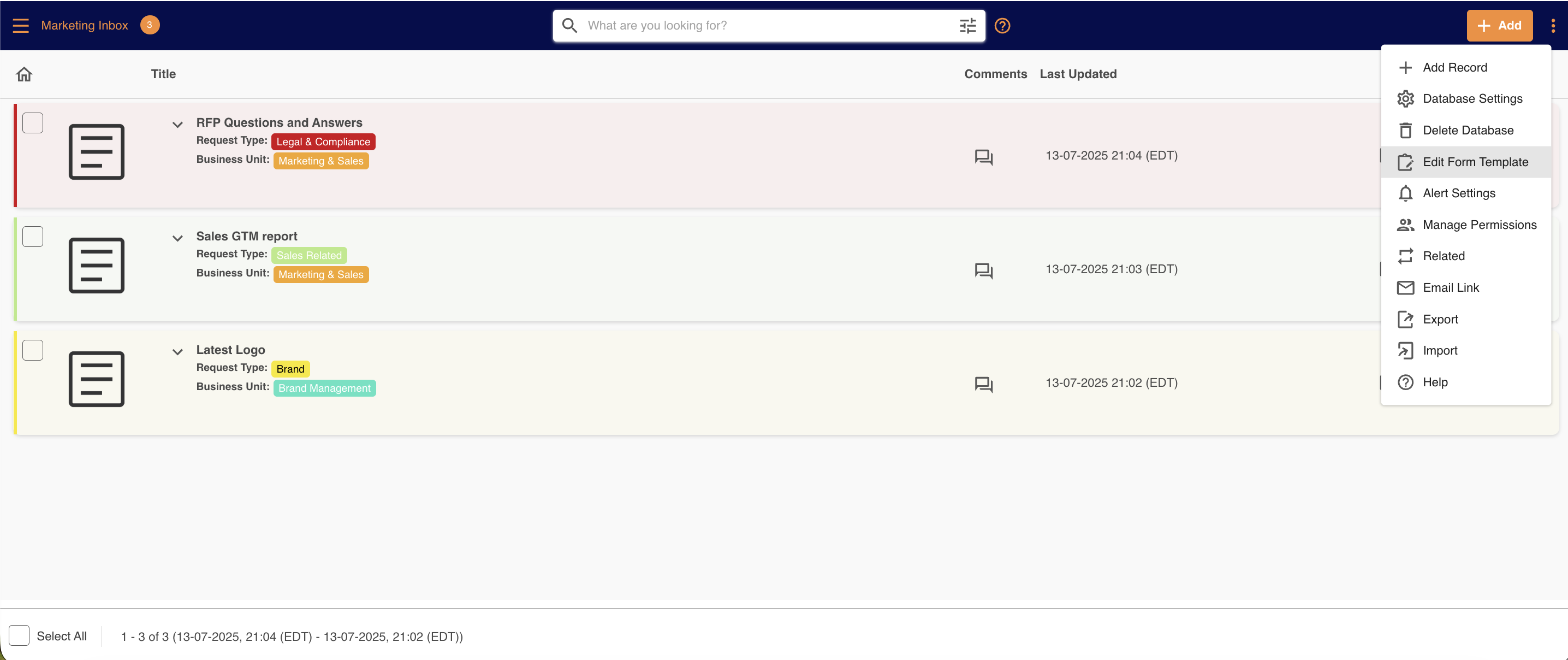 Edit Form Template in the database action menu