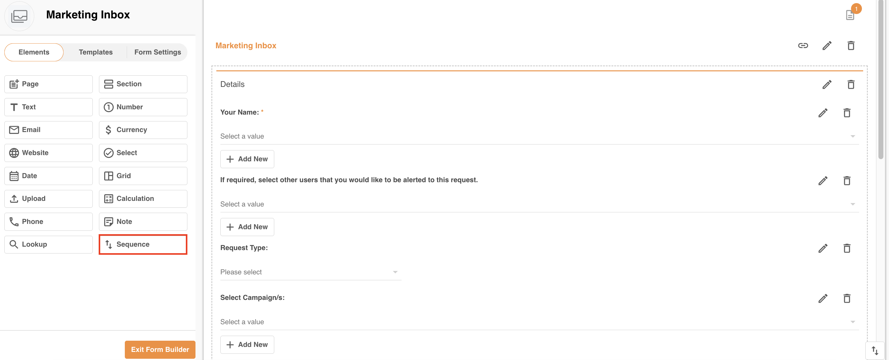Sequence field type in the form builder