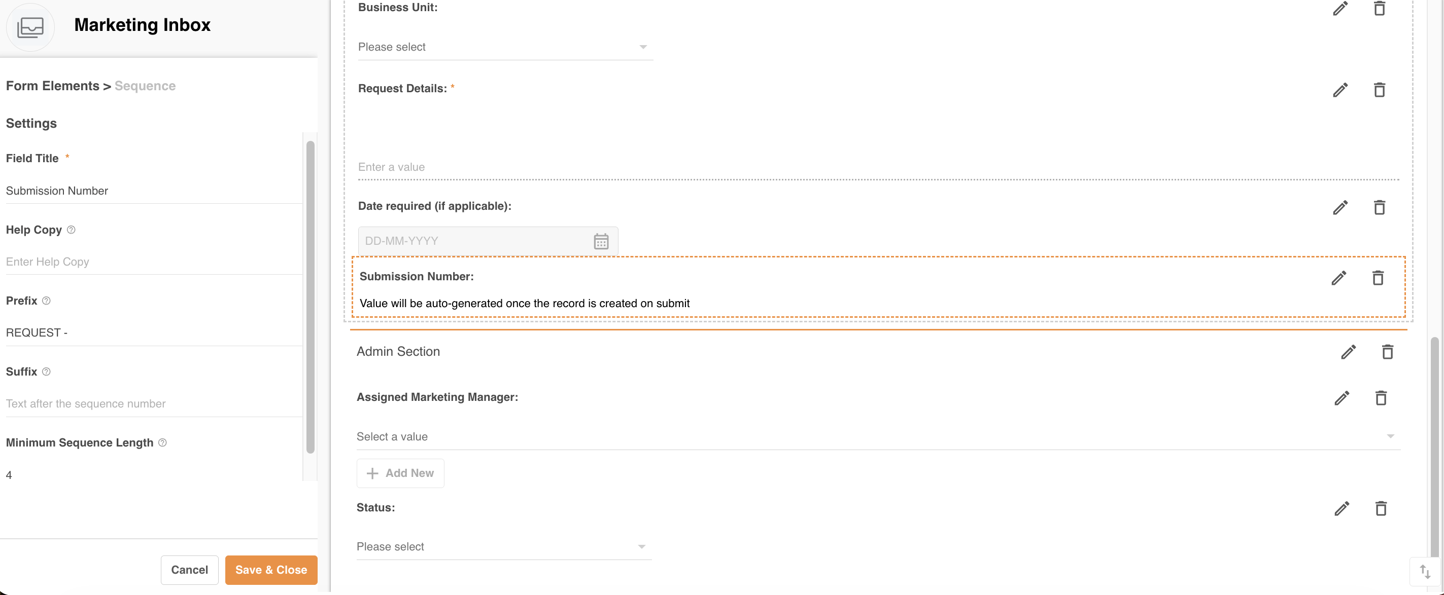 Sequence field prefix, suffix and minimum digits settings