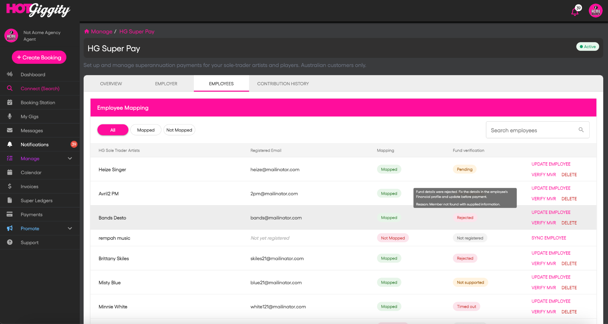 Rejected fund verification tooltip showing Member not found with supplied information