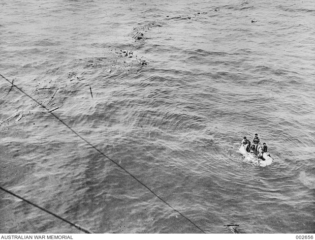 Wreckage from the sunken Bartolomeo Colleoni and some of her crew in a ...