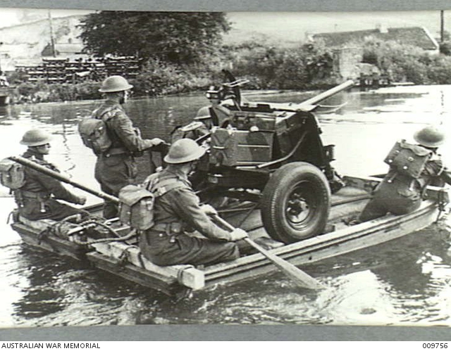 IMPROVISED RAFTS FOR GUNS. THIS PICTURE SHOWS THE CROSSING OF WATER ...