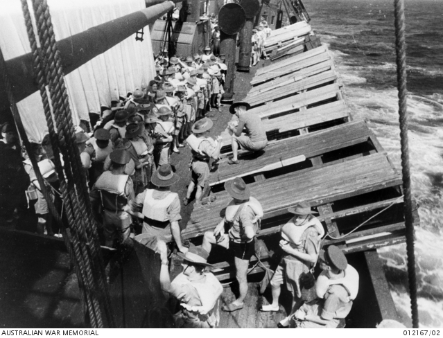 A.I.F. HOMEWARD BOUND. TROOPS AT LIFEBOAT DRILL ALONGSIDE THEIR RAFTS ...