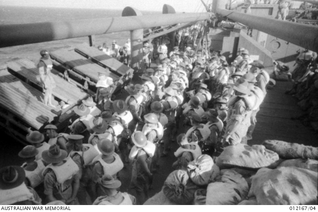 A.I.F. HOMEWARD BOUND. TROOPS AT LIFEBOAT DRILL ALONGSIDE THEIR RAFTS ...