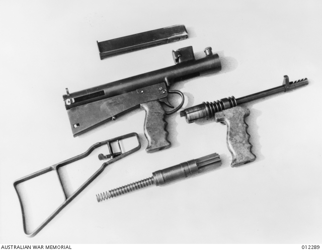 THE VARIOUS PARTS OF AN OWEN GUN THESE FIT TOGETHER BY SIMPLE BAYONET 