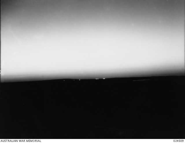 NIGHT SHOT OF TERRIFIC ARTILLERY BARRAGE LAID DOWN ON THE GERMAN ...