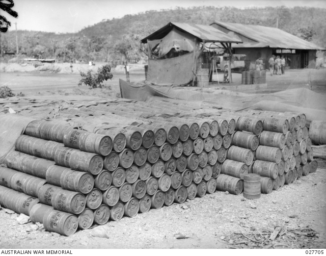 ADELAIDE RIVER, N.T. 19421029. GENERAL VIEW OF THE N.T. BULK INSTALLATION PETROL AND OIL DEPOT