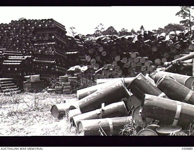 ENOGGERA, QLD. 1943-11-02. SALVAGED AMMUNITION CONTAINERS AT NO. 1 ...