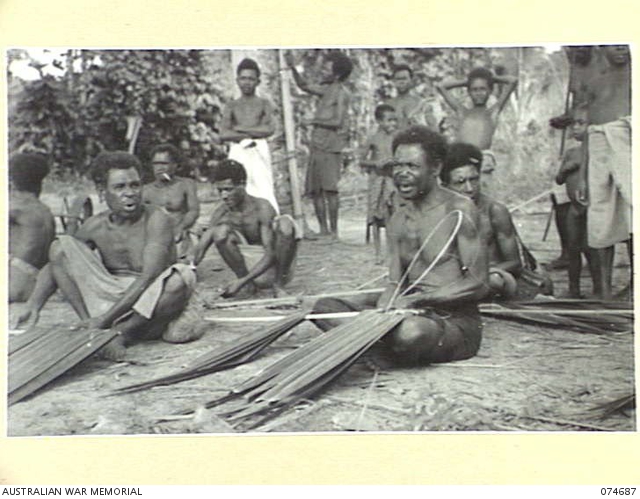 BASAMA, NEW GUINEA. 1944-07-13. BASAMA NATIVES USING SAGO PALM LEAVES ...