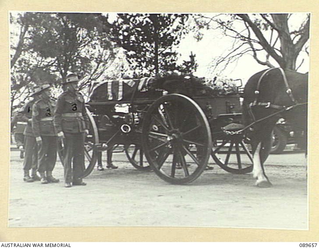 SPRINGVALE CEMETERY, MELBOURNE. 1945-05-21. PALL BEARERS STANDING ...