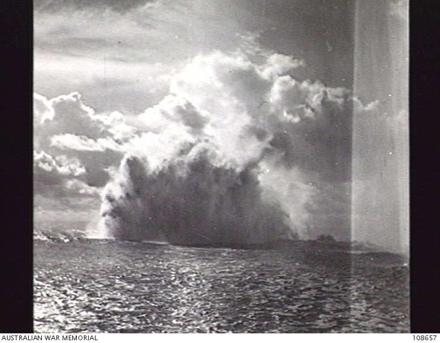 AT SEA, 1945-05-24. A DEPTH CHARGE EXPLODING DURING A TRAINING EXERCISE ...