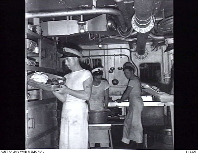 AT SEA. 1945-06-18. COOK REID (1), LEADING COOK BLAIR (2), COOK SMITH ...