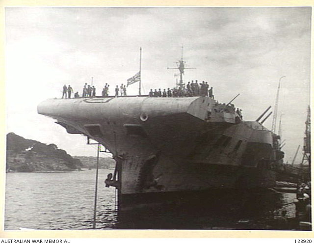 SYDNEY HARBOUR, 1945-12-06. PORT FORWARD VIEW OF AIRCRAFT CARRIER HMS ...