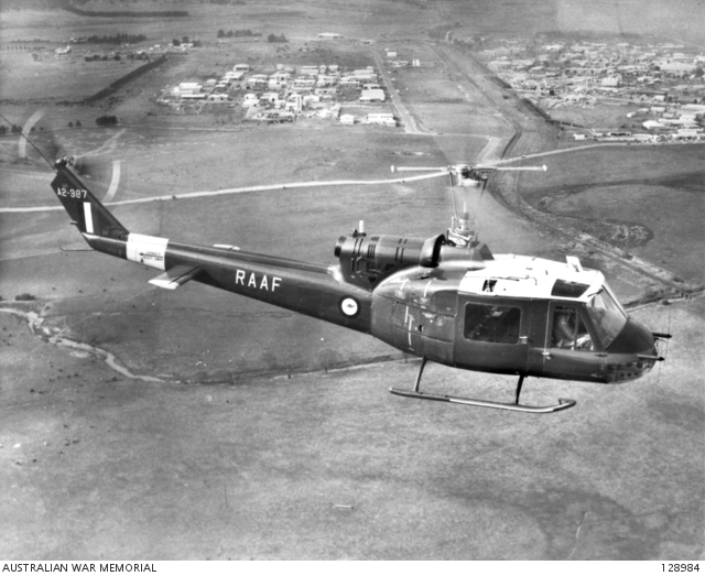 RAAF HELICOPTER BELL IROQUOIS, A2-387, IN FLIGHT. (DONOR: WING ...