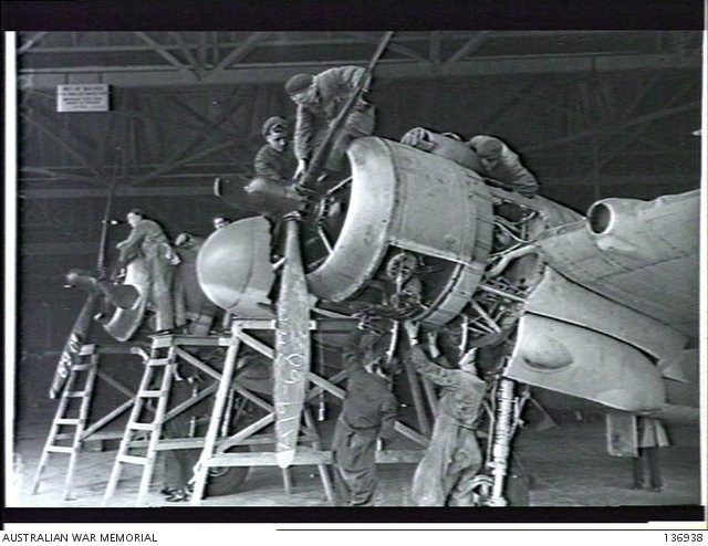 LAVERTON, VIC. 1942-09-30. AIRCRAFT FITTERS WORKING ON BRISTOL ...
